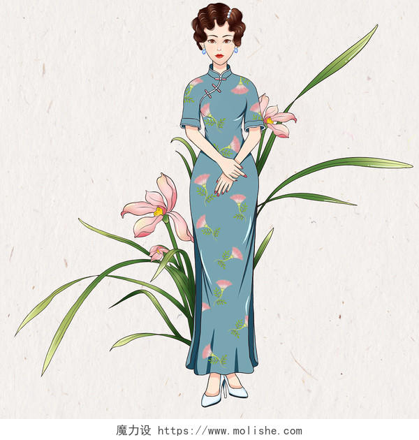 卡通气质旗袍中国风美丽女子女人插画素材png
